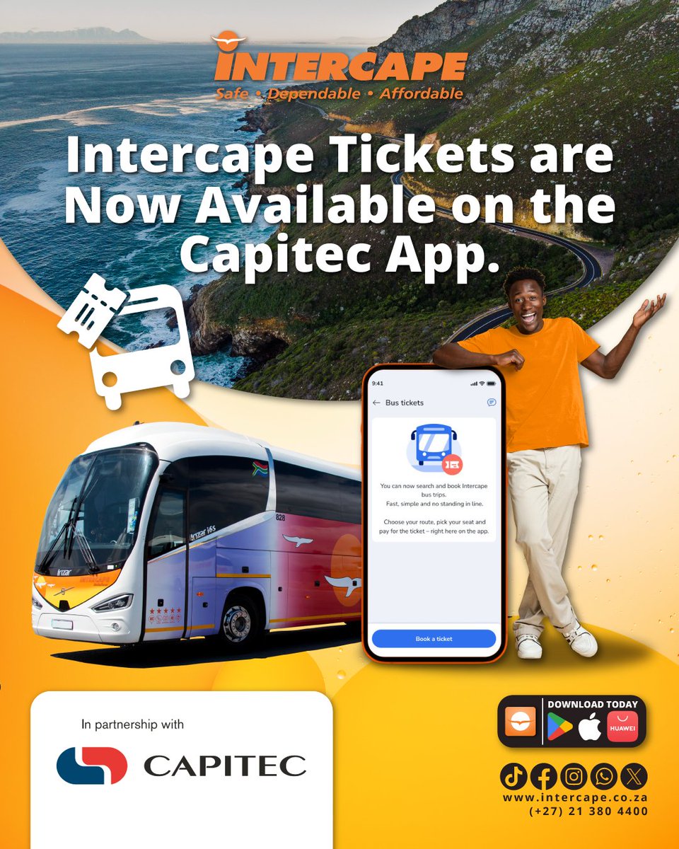 IntercapeBus's tweet photo. Did You Know? 

Intercape Tickets are Now Available on the Capitec App. 

Fast, Simple and No Standing In Line.

Book your Tickets Today!

For more information, visit our website at https://t.co/2rn0iHDIaJ or give us a call on our 24-Hour Contact Centre at (+27) 21 380 4400. https://t.co/fRvT8CIhYA