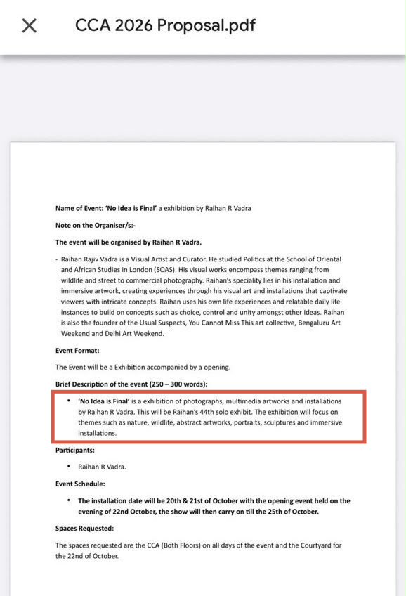 Iyervval's tweet photo. “Nature, wildlife, abstract artworks, portraits, sculptures and immersion installations" was what was applied for by young Vadra
 
Political protest was what was displayed, despite clear Bikaner House rules on what can be displayed.

Why lie so blatantly? https://t.co/dkAcAL03SL