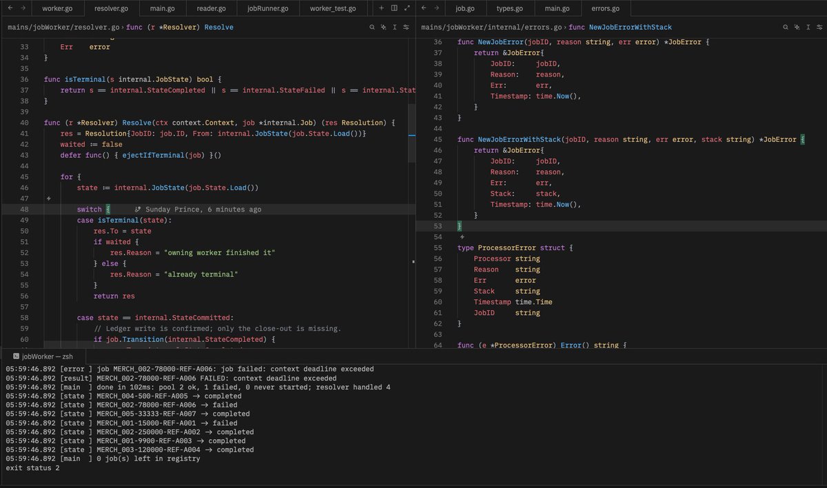 sundayprincedev's tweet photo. Project Update ‼️ The resolver path is DONE ✅

Following up on the core worker pool from my last post, I've just completed the resolver path for driving existing jobs to a terminal state safely using atomic transactions.

#fintech #golang #concurrency #ledger #BuildInPublic https://t.co/uo0GIe0axz