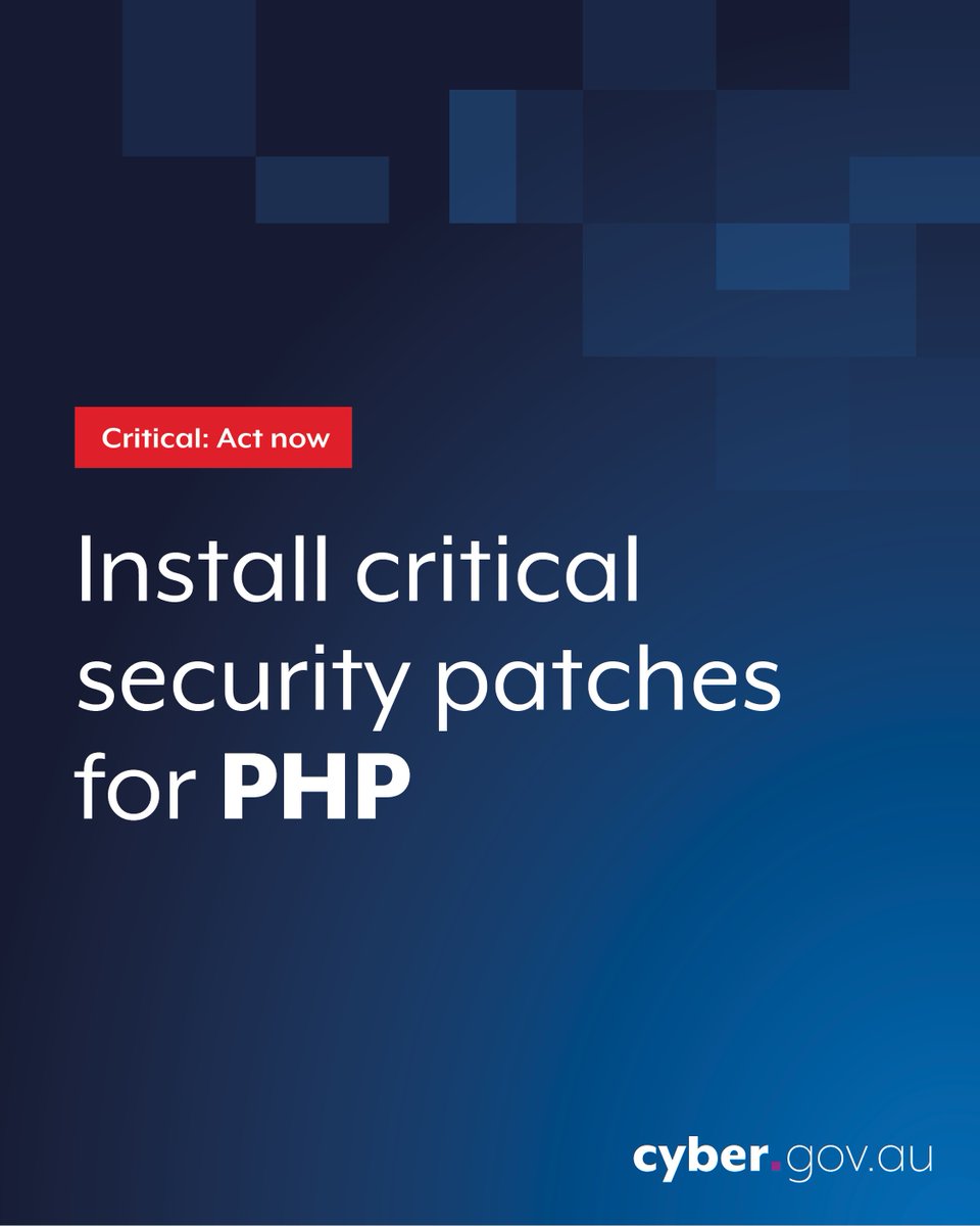 ASDGovAu's tweet photo. ❗ ACT NOW ❗ Install critical security updates for PHP. 

Organisations should identify use of PHP, apply the latest patches and monitor for suspicious activity. Hosting providers can contact us on 1300 CYBER1 (1300 292 371). 

Review the guidance 👉 https://t.co/XNcE4W0Wtj https://t.co/RJvBMA1glA