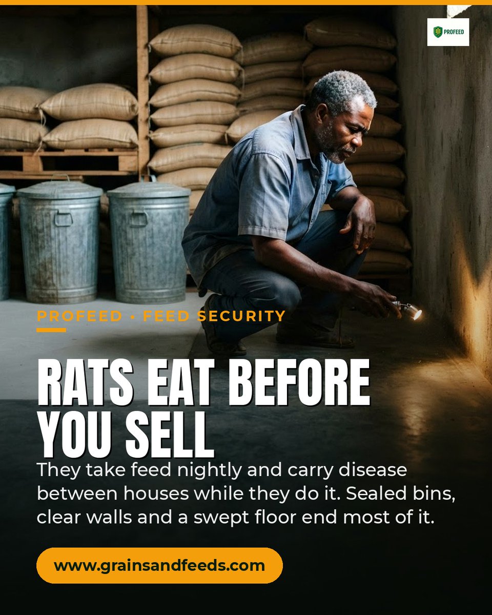 ICHIEDIKE1's tweet photo. Gnawed feed bags? Record where you find damage, seal entry gaps and clear spills. Keep rodent bait away from birds and feed. Never mix suspect feed into a fresh batch. Profeed: 0706 096 2131.
#Profeed #PoultryFarming https://t.co/y6eDkQTbw7