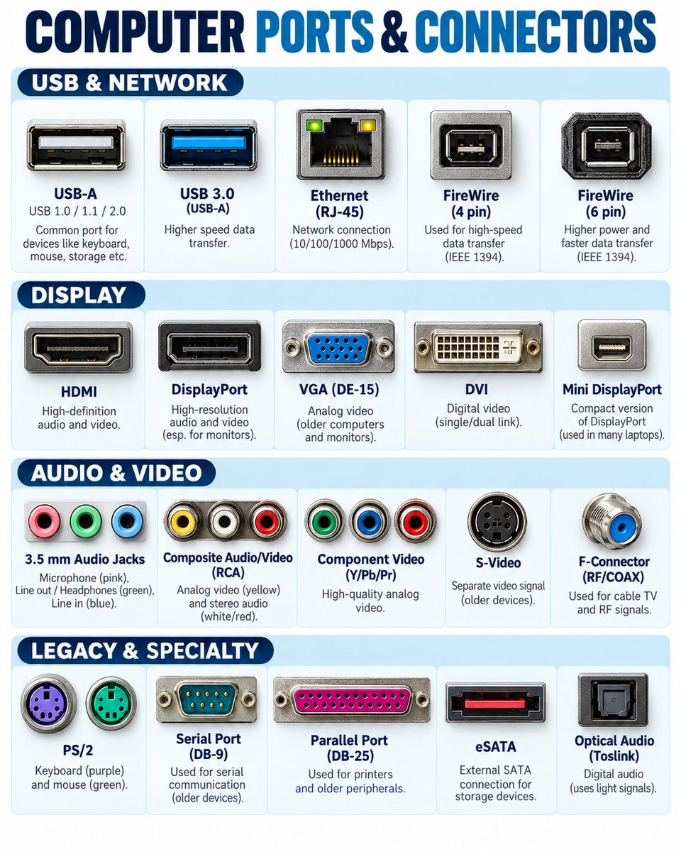 VedikaPati82945's tweet photo. USB, HDMI, Ethernet, VGA, DisplayPort and more! 💻 Know your computer ports with this simple visual guide. #ComputerHardware #TechTips #networks https://t.co/IwHK5Dnl2i