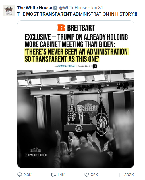 naasvzyl's tweet photo. According to White House posts it is the "Most transparent president in history' and the "Most transparent administration in history?, Yet the house is shut down for months to prevent any debate or vote before the midterms. EVERYTHING is moved until after midterms:
The war will end
Diesel will be cheap
Gasoline will be cheap
Fertilizer will be cheap
Prices will drop
Every American will get a $5,000 check
Voting on Epstein Files II
Voting on Impeachment of Pete Hegseth
Automatic registration for military service will start.
Medicare and Medicaid changes
Etc...

Why are all these issues postponed until after voters have voted? Because voters may choose to not vote for the Republican party when they realize how bad these are for them. There is NOTHING transparent about any of these issues, and that is not nearly the entire list!