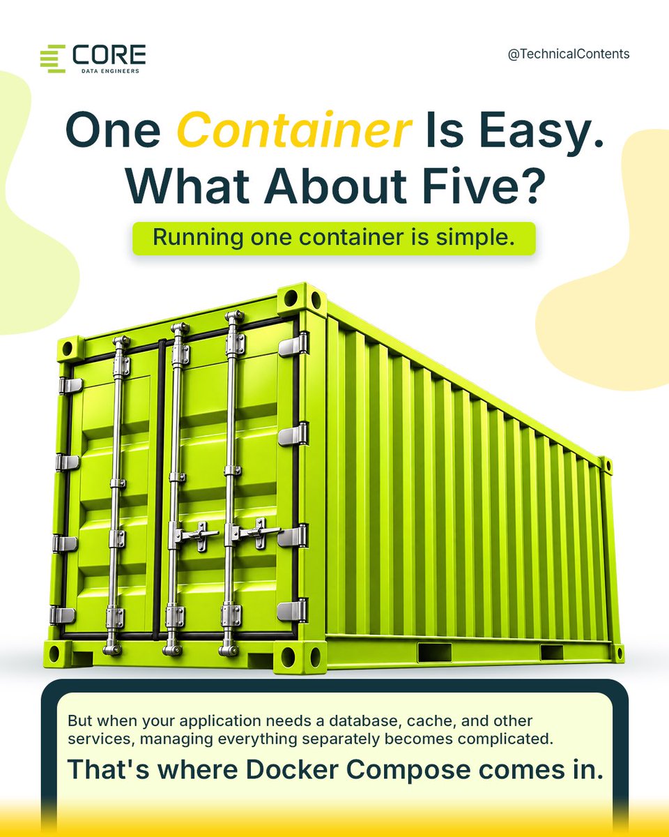 CoreDataEngr's tweet photo. 🐳 MANAGING MULTIPLE CONTAINERS DOESN’T HAVE TO BE COMPLICATED.

In Data Engineering, applications often rely on multiple services working together, from Python applications to databases and other supporting tools. https://t.co/5IFKfwQyq4
