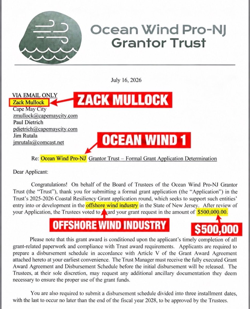 njcoast_protect's tweet photo. Last night, Cape May Mayor Zack Mullock stood on a debate stage and denied accepting $500,000 tied to Ørsted’s offshore wind industry.

THERE’S ONE BIG PROBLEM, MAYOR MULLOCK. YOUR OWN CITY’S DOCUMENTS TELL A DIFFERENT STORY!

While commercial fishermen, fishing businesses, and coastal communities were fighting Ørsted’s industrialization of our oceans, Cape May Mayor Zack Mullock’s administration was pursuing HALF A MILLION DOLLARS from an Ørsted-funded trust tied to the very offshore wind industry these communities spent years opposing.

Let’s not forget what’s at stake. Cape May/Wildwood is New Jersey’s largest commercial fishing port and ranks among the largest on the Eastern Seaboard. Commercial fishing is Cape May County’s second-largest industry in economic impact, supporting thousands of jobs and generating hundreds of millions of dollars in economic activity.

Our fishing industry is the backbone of countless local businesses, from fishing vessels and seafood processors to restaurants and the many businesses that depend on them.

For the commercial fishing families and coastal residents who spent years fighting to protect their livelihoods, Mayor Mullock’s acceptance of funding from an Ørsted funded trust is deeply disturbing.

Orsted aka Dong ( Danish Oil & Natural Gas) is owned by the Kingdom of Denmark. 🇩🇰 

The public deserves transparency about decisions affecting our fishing industry, livelihoods, and coastal communities.

📌 July 16, 2026: Grant award determination
📌 August 4, 2026: Grant acceptance

📄 Read the official Cape May documents — Pages 5–6:

https://t.co/e9zeBFjIr2

@Congressman_JVD