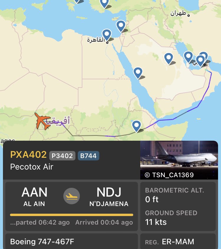FCB6O's tweet photo. 🟡 طائرتا شحن أقلعتا من مطار العين 🇦🇪:

🔸الأولى: من طراز Ilyushin IL-76TD (تسجيل: XT-ABG) تابعة لـ 🇨🇫 Batot Air، يُرجح هبوطها صباحا في قاعدة هرر ميدا 🇪🇹.

🔸الثانية: من طراز Boeing 747-467F (تسجيل:ER-MAM) تابعة لـ Pecotox Air 🇲🇩، أقلعت من مطار العين 🇦🇪، وهبطت في مطار أنجمينا 🇹🇩. https://t.co/IrJ39rqJYT