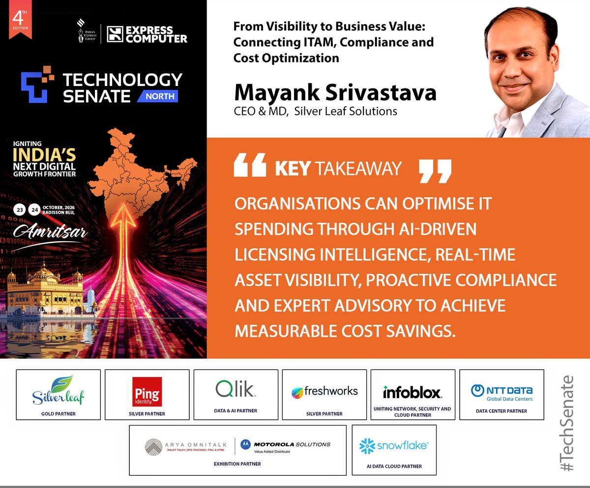 ExpComputer's tweet photo. Key Takeaway: 'Organisations can optimise IT spending through AI-driven licensing intelligence, real-time asset visibility, proactive compliance and expert advisory to achieve measurable cost savings': Mayank Srivastava, CEO & MD, @silverleafsol | #TechSenate North | 23rd October 2026 | Amritsar

@srikrp @NivedanPrakash @H_Y_DESAI @ravignair @Prabhasjha3110 @AparnaTawade