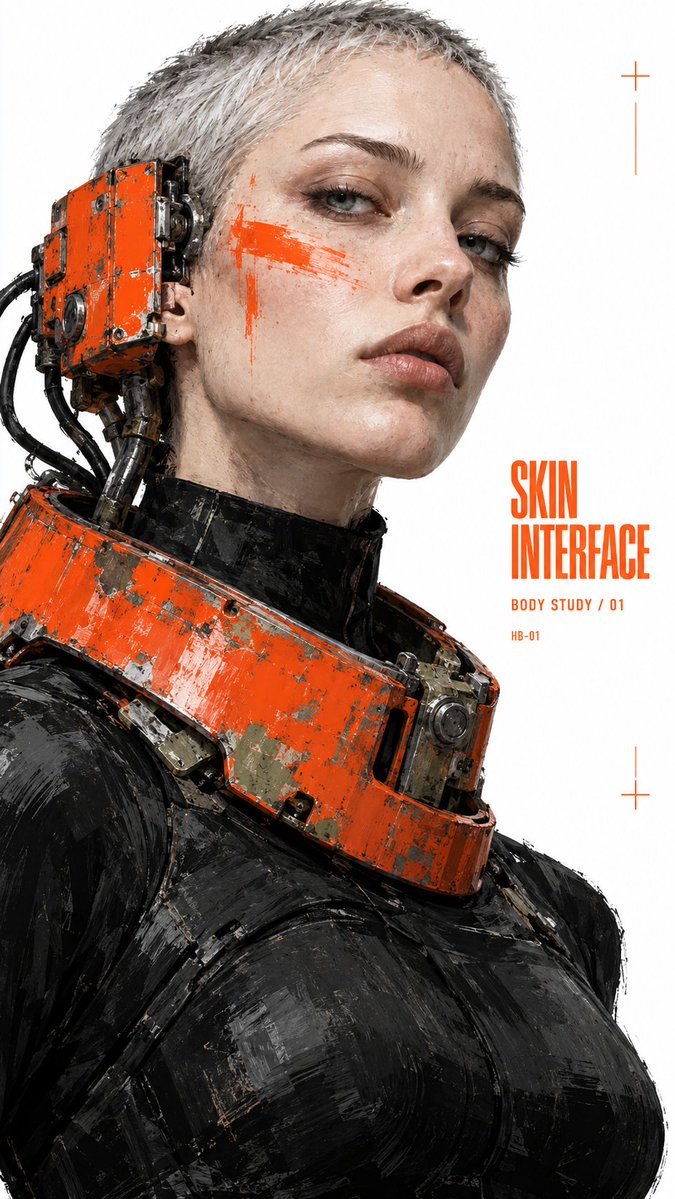 VigoCreativeAI's tweet photo. VISUAL OS 095

Salvaged machines worn as fashion.

SKIN INTERFACE — a steel collar wired into her ear.
LOAD BEARING — a counterweight bolted to the hip.
PHANTOM LIMB — one leg swapped for a giant orange boot.
TORSION STUDY — a spine worn on the outside.

Prompt below ↓ https://t.co/PHNFqjFfYj