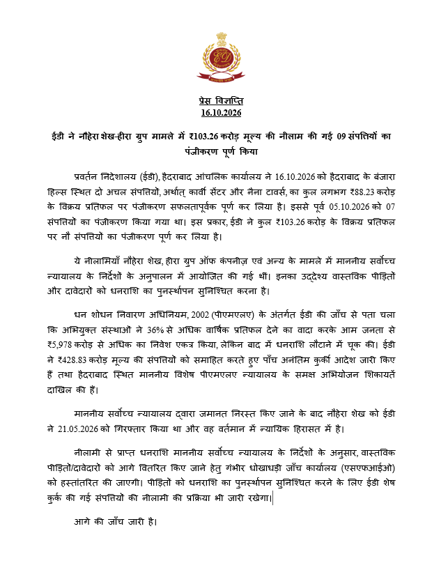 dir_ed's tweet photo. ईडी, हैदराबाद ने नौहेरा शेख–हीरा ग्रुप मामले में बंजारा हिल्स स्थित कार्वी सेंटर और नैना टावर्स सहित ₹103.26 करोड़ मूल्य की नीलाम की गई 9 संपत्तियों का पंजीकरण पूर्ण कर लिया है। अभियुक्त संस्थाओं ने 36% वार्षिक प्रतिफल देने का झूठा वादा करके आम जनता से ₹5,978 करोड़ से अधिक की धनराशि एकत्र की और बाद में भुगतान करने में चूक की। यह धनराशि वास्तविक पीड़ितों को पुनर्स्थापन हेतु एसएफआईओ को हस्तांतरित की जाएगी। शेष संपत्तियों की नीलामी भी जारी रहेगी।