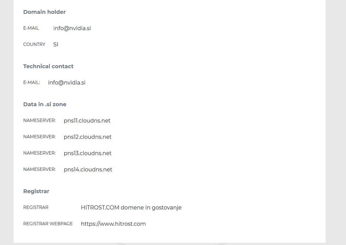 moncef_lak_'s tweet photo. @DigiFortune To be fair to both sides
you can never confirm ownership just from redirect, anyone can point a domain anywhere...
But looking at the actual .si WHOIS settles it 
it’s registered through Hitrost with ClouDNS nameservers, 
Nvidia definitely hasn't acquired this... https://t.co/nKFav1PIwr