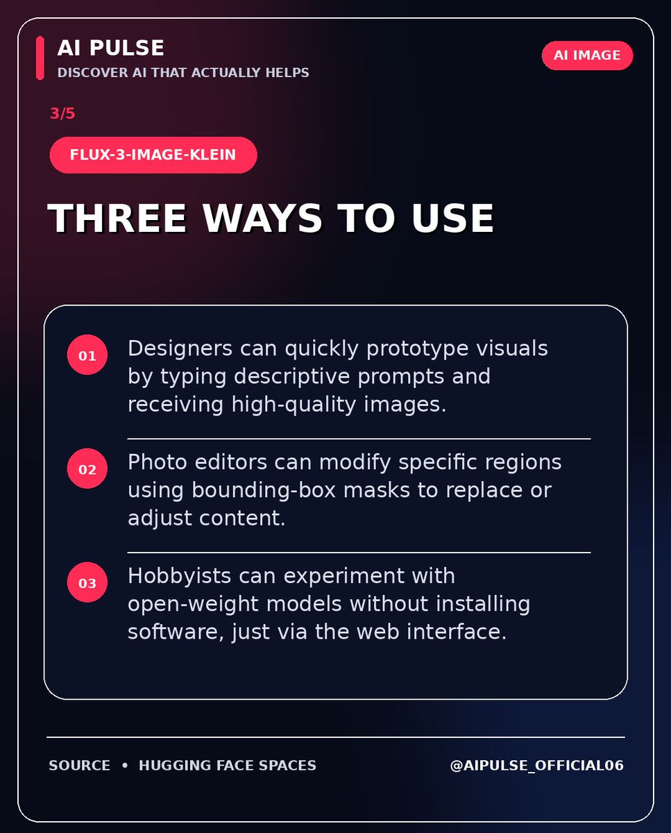 sufi_aipulse's tweet photo. Flux‑3 Image Klein is an open‑weight text‑to‑image model you can run instantly on Hugging Face Spaces.

Follow @aipulse_official06

#AIImage #Flux3 #HuggingFace #CreativeTools https://t.co/nbJU9oSqn8