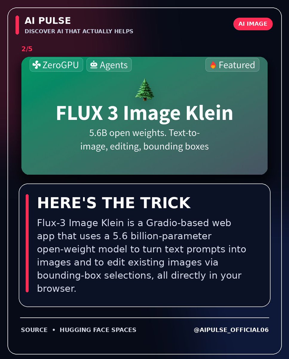 sufi_aipulse's tweet photo. Flux‑3 Image Klein is an open‑weight text‑to‑image model you can run instantly on Hugging Face Spaces.

Follow @aipulse_official06

#AIImage #Flux3 #HuggingFace #CreativeTools https://t.co/nbJU9oSqn8