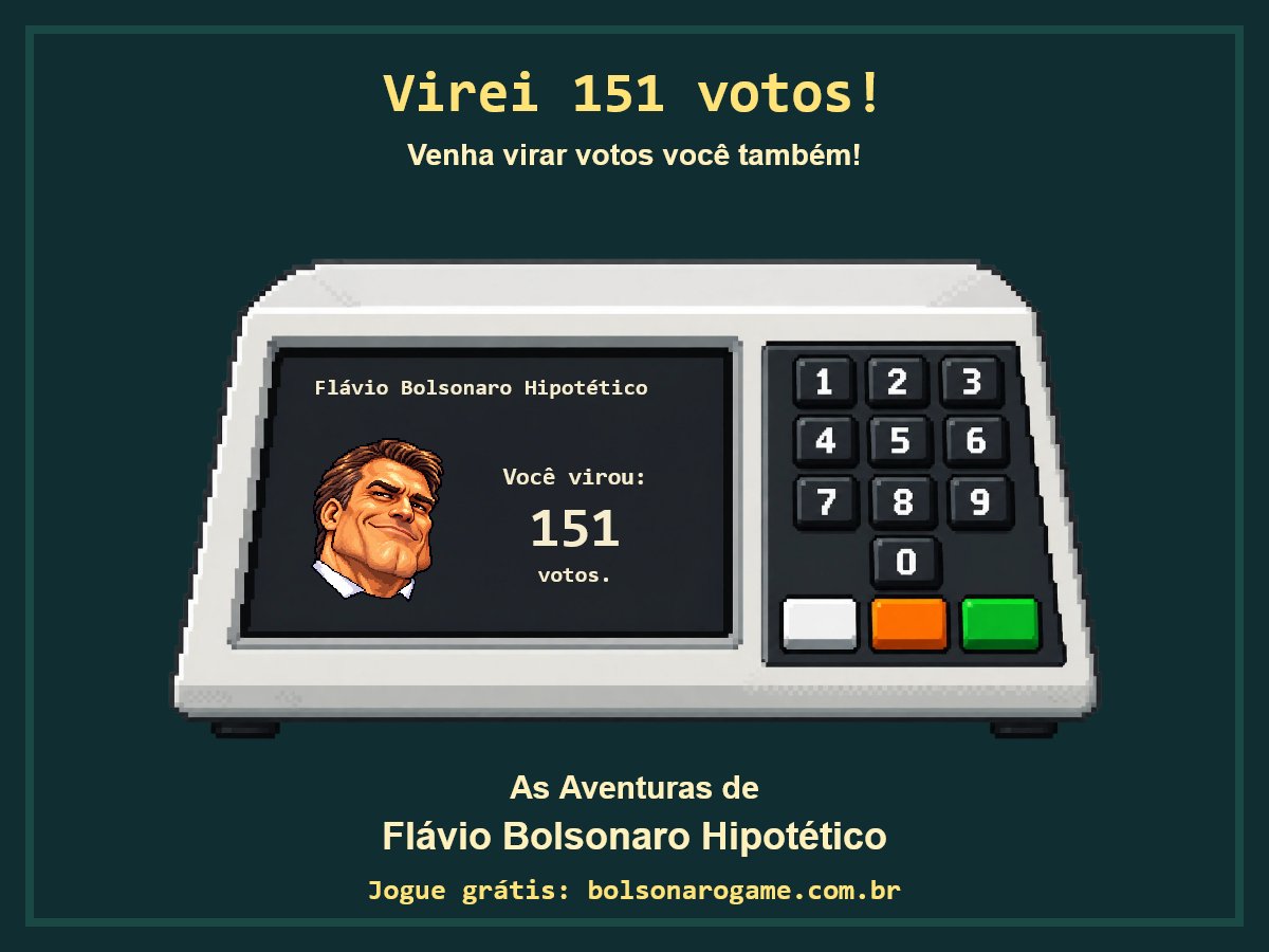 LivreMolde's tweet photo. Virei 151 votos! Venha virar votos você também no jogo As Aventuras de Flávio Bolsonaro Hipotético! https://t.co/s0SC08ywrN https://t.co/Q6raod1umB