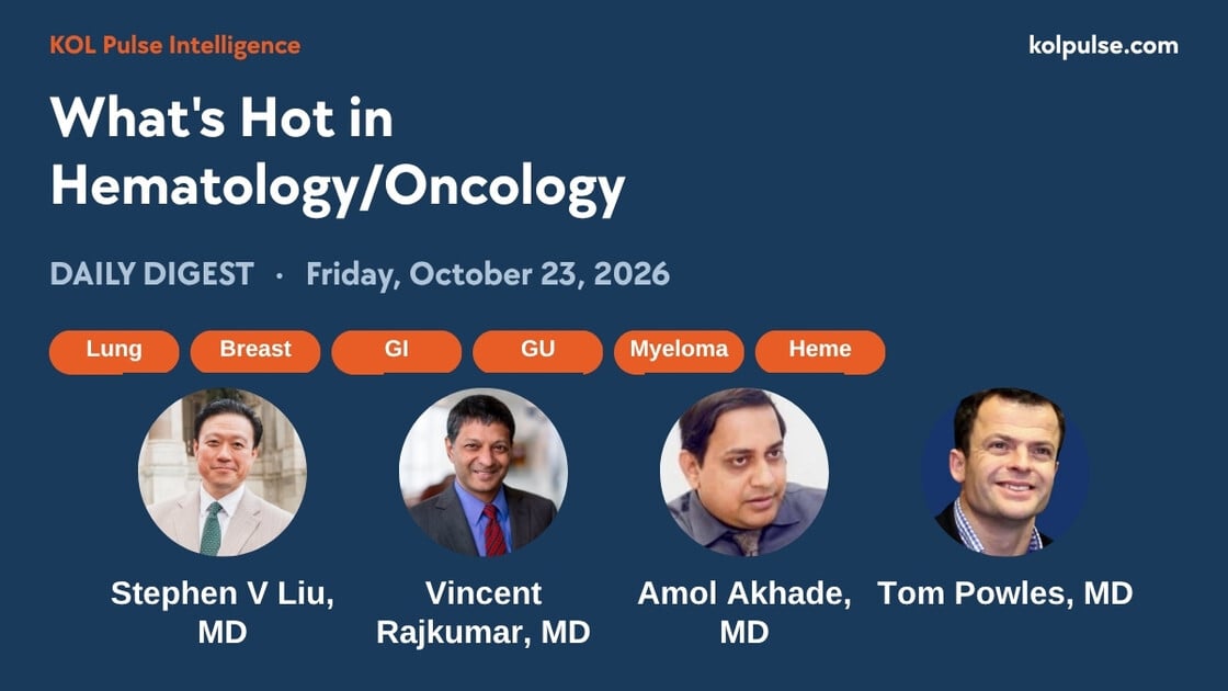 KolPulseAI's tweet photo. 🔥 Melanoma: INTerpath-001 embargo lifts early at ESMO26: RFS HR 0.58, DMFS HR 0.62 (LBA1 abstract)

🔬 What's Hot in Hematology/Oncology — KOL Pulse Daily Digest (Oct 23)

"🚨 #ESMO26 INTerpath-001 leaked before the embargo, so @myESMO released it early

➡️ Intismeran (mRNA-4157) + pembro vs placebo + pembro, adjuvant stage IIB-IV #melanoma

• 24-mo RFS 82.2% vs 70.0% | HR 0.58
• 24-mo DMFS 88.5% vs 80.2% | HR 0.62
• G≥3 AEs 23.6% vs 20.3%" — @YGaritaonaindia

🫁 Lung: Sunvozertinib reaches US patients; DeLLphi-304 OS benefit holds
🎗️ Breast: NATALEE 6-year OS, TALENT, PANKU-Breast01 and the PATINA FDA–EMA split
🔵 GI: RASolute 302 subgroups, SANO 5-year and G-HOPE-001 open ESMO26 GI
🔷 GU: European Commission approves perioperative EV + pembrolizumab regardless of cisplatin eligibility (FDA-approved Jul 10, 2026)
🟣 Myeloma: IMF launches US Myeloma Network; bispecific toxicity and MRD-stop debates
🩸 Heme: Legend's in vivo CAR-T IND; EHA follicular lymphoma guideline shift
🏛️ FDA: Keytruda + Keytruda Qlex TMB-H solid-tumor approval converted to traditional; TMB cutoff raised from ≥10 to ≥13 mut/Mb

Full story, verbatim KOL quotes + sources 👉 https://t.co/i8cPMOwwSy
