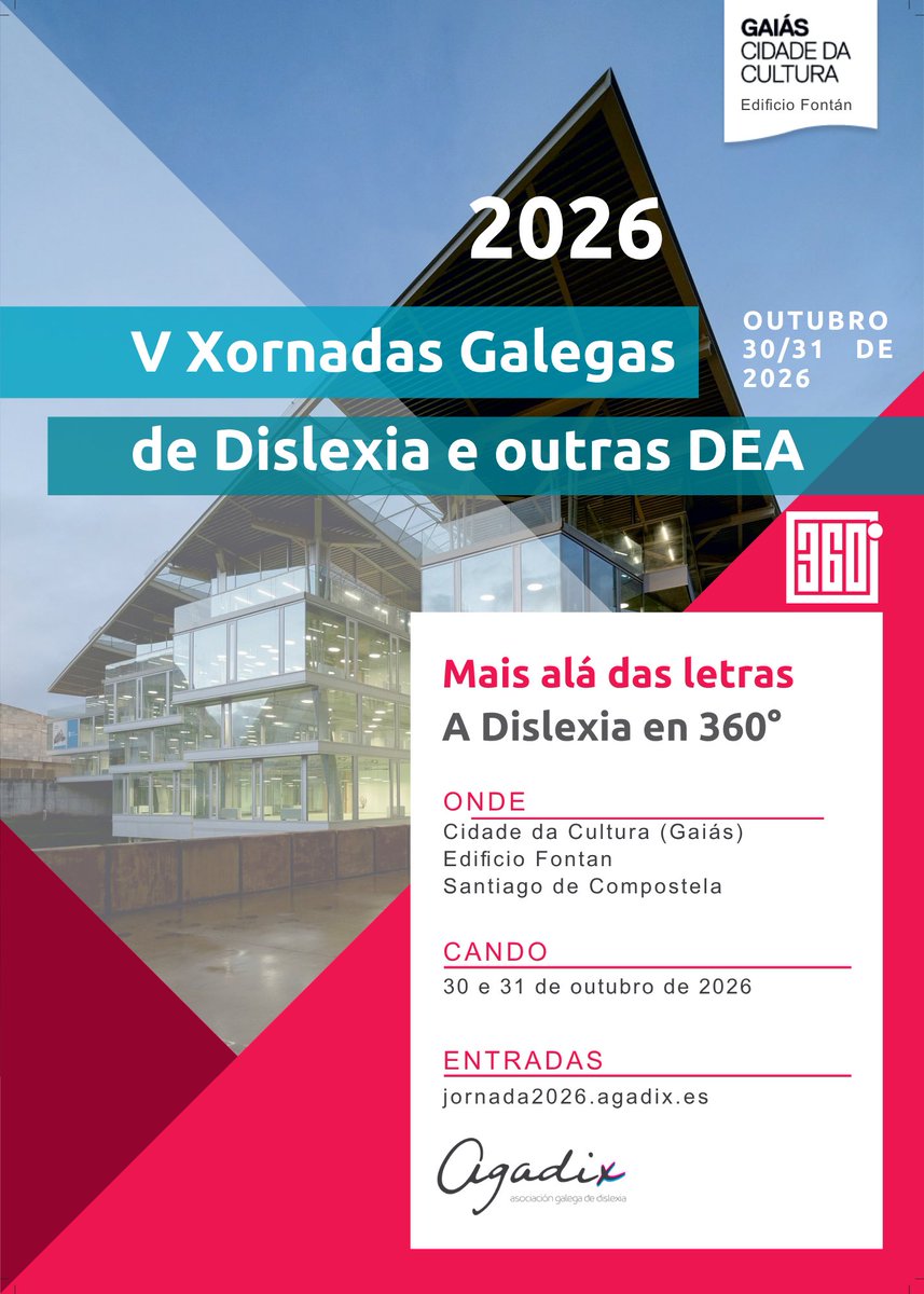 Agadix's tweet photo. 💜 FALTA SÓ UNHA SEMANA! V Xornadas Galegas de Dislexia e outras DEA. Ciencia, inclusión, emocións e tecnoloxía. 📅 30–31 de outubro. 📍 Cidade da Cultura, Santiago. #AGADIX #Dislexia https://t.co/0yOQAixeAY