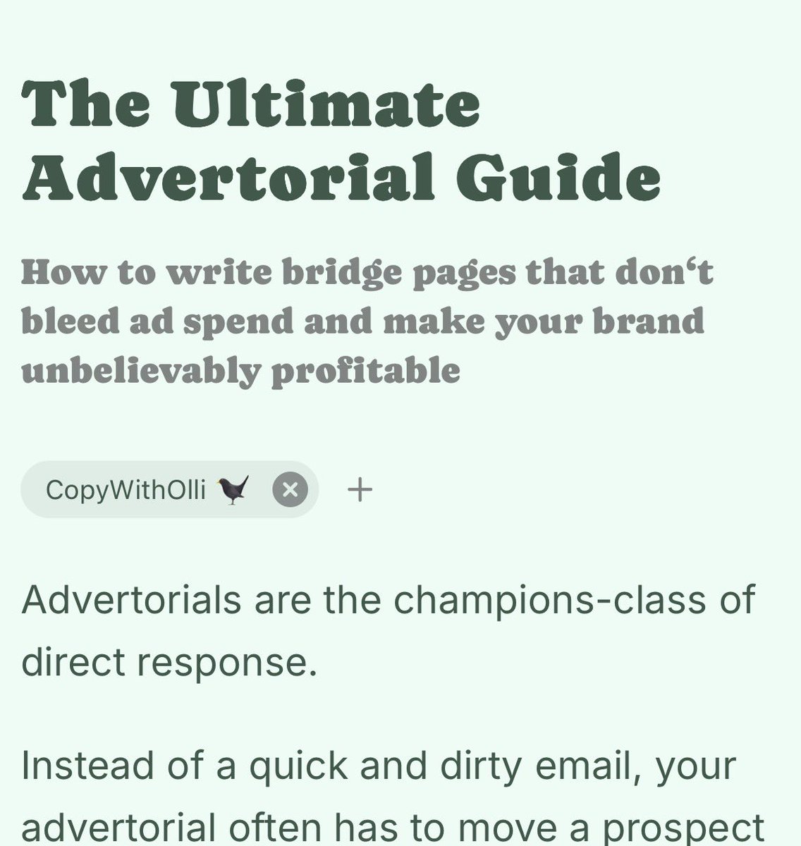 CopyWithOlli's tweet photo. Are you a Copywriter, Creative Strategist or wanna scale your own offer?

I put together a FREE Advertorial Guide for you…

…so you can write one of the most valuable forms of copy…

Want me (not a bot) to send that to you?

-> Comment “addy” (must follow me) https://t.co/99ujQfx9Qe