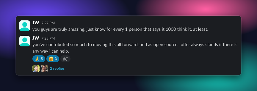 nicoloboschi's tweet photo. some love from the Hindsight community slack https://t.co/wIS8TGjzVJ