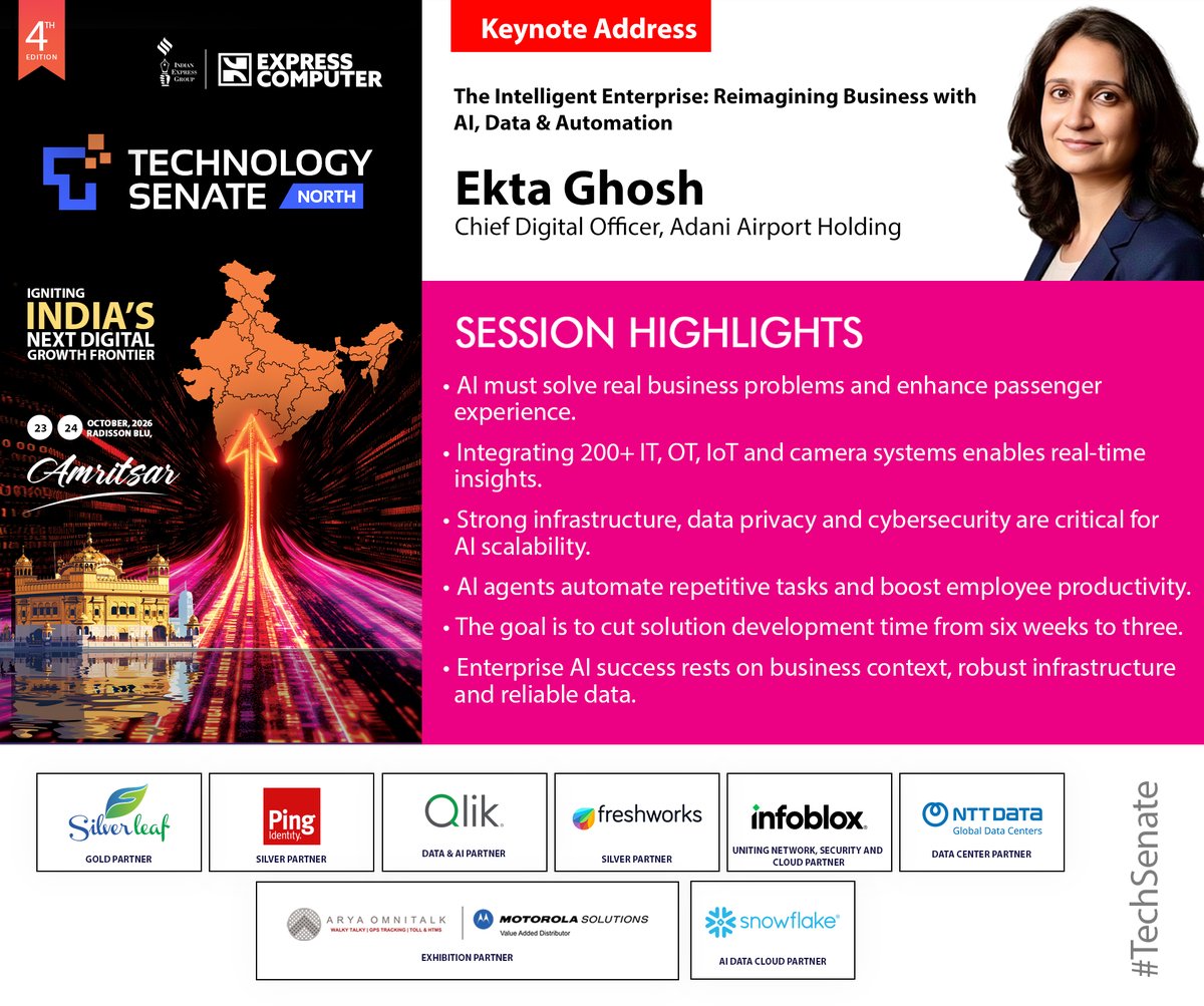ExpComputer's tweet photo. Keynote Address Highlights: Ekta Ghosh, Chief Digital Officer, Adani Airport Holding | #TechSenate North | 23rd October 2026 | Amritsar

Topic: The Intelligent Enterprise: Reimagining Business with AI, Data & Automation

[1] AI must solve real business problems and enhance passenger experience.

[2] Integrating 200+ IT, OT, IoT and camera systems enables real-time insights.

[3] Strong infrastructure, data privacy and cybersecurity are critical for AI scalability.

[4] AI agents automate repetitive tasks and boost employee productivity.

[5] The goal is to cut solution development time from six weeks to three.

[6] Enterprise AI success rests on business context, robust infrastructure and reliable data.

@srikrp @NivedanPrakash @H_Y_DESAI @ravignair @Prabhasjha3110 @AparnaTawade