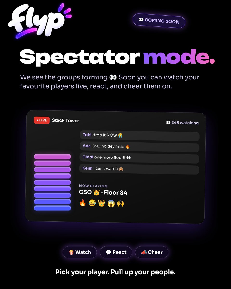 flypchat's tweet photo. We see the groups forming 👀
Spectator mode is coming to Flyp. Watch your favourite players live, react, and roast them in real time 🍿 https://t.co/jDcZFOOL92