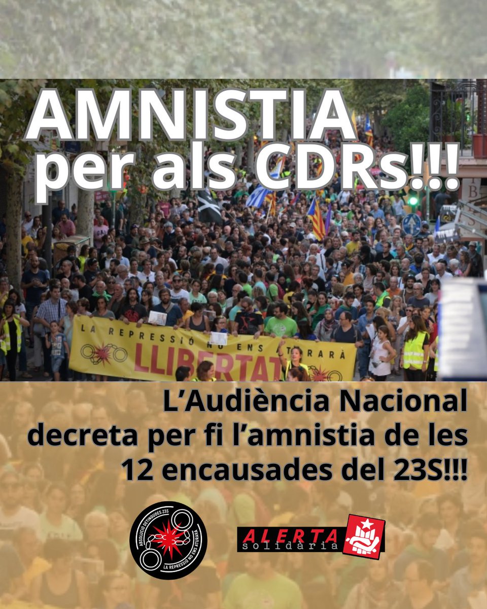AlertaSolidaria's tweet photo. ⚠️ AMNISTIA PER ALS @Detingudes23S

Ha trigat dos anys però ja tenim la resolució de l'Audiència Nacional amb l'amnistia. Les acusacions faran recurs però no ens trauran l'alegria d'aquest moment.

La victòria és nostra!
De totes les que heu lluitat i seguiu fermes en el combat❗️ https://t.co/srJwQabbSY