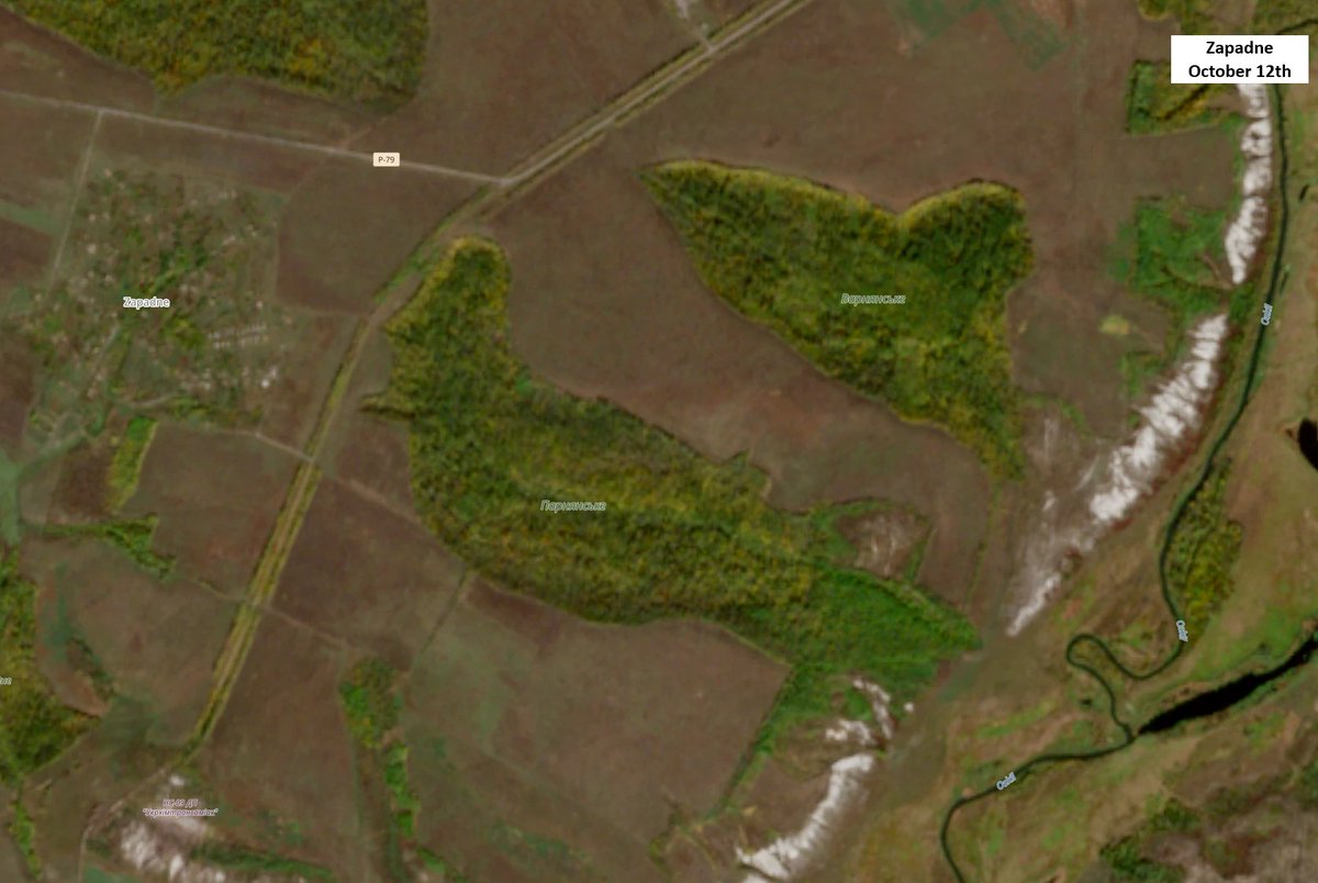 DelwinStrategy's tweet photo. First, I wrote "appear to be", which expresses uncertainty in English, the equivalent of the French conditionnel. It is therefore an inference, not a categorical assertion, and is not subject to the same burden of proof. Grammar matters.

Second, you have no proof that those forest patches east of the railway were ever captured in the first place. Where is your evidence? Because DeepState certainly marked them as captured on September 3rd.
Now, let me explain how this works.

In the forests west of Dvorichna (Area 1), there was an initial approach before June 8 (blue circle), during which roughly a dozen FAB and 203 mm artillery strikes hit the area. Ukrainian forces advanced closer to the village throughout June, and by July 1, multiple FAB craters and evidence of combat were visible in satellite imagery (red circles).

As per the forested area south of Zapadne (area 3), the main fighting occurred around august 10th, when massive ordinance was dropped on it and the connecting treeline. 
This is how we can infer that Russian forces lost control of those sectors at some point in June and august. 

But for the forest patches across the railway (Area 2), it is different.
On September 17, the impact of strikes on the Khartia squad that entered the area is visible (at the very edge), but nothing else. On October 12, the situation is identical: absolutely no evidence of airstrikes or combat is visible in satellite imagery.
This does not follow any pattern observed in other sectors of the front.
There are a couple of videos showing South American soldiers entering the area, probably in July (but released in September), and early August, where signs of fighting are visible on images at the very edge.
On Telegram channels associated with Russia's 27th Motor Rifle Brigade, there are also videos showing these soldiers being targeted, followed by Russian infantry clearing the woods.

Since then, nothing… As of October 12, no further evidence of significant fighting ongoing is visible in satellite imagery across this entire area. No bombardment ever took place, no sign of fighting since early august. 

So much for the claim that "operations are continuing", because, as a matter of fact, the available evidence points towards no significant activity having taken place there since those initial engagements. Hence my point that what remains are skirmish clashes between light infantry units, in the greyzone.

Therefore, yes, in all likelihood, the forest patches (area 2) were never firmly captured. The squads that entered were immediately engaged by drones and subsequently cleared out by small Russian infantry elements operating from the opposite edge of the woods which reoccupied the area. (All this being documented in geolocated footage)

It is always interesting to see how propagandists, entrenched in their own narratives, demand proof from others while having absolutely none to substantiate their own claims.

Proof is not always a straightforward concept in military analysis. Patterns are identified, hypotheses are formulated, and plausible conclusions are inferred from a variety of sources that are analysed and cross-referenced. The relevant question is not does absolute proof exists, but which scenario is best supported by the observable facts.
