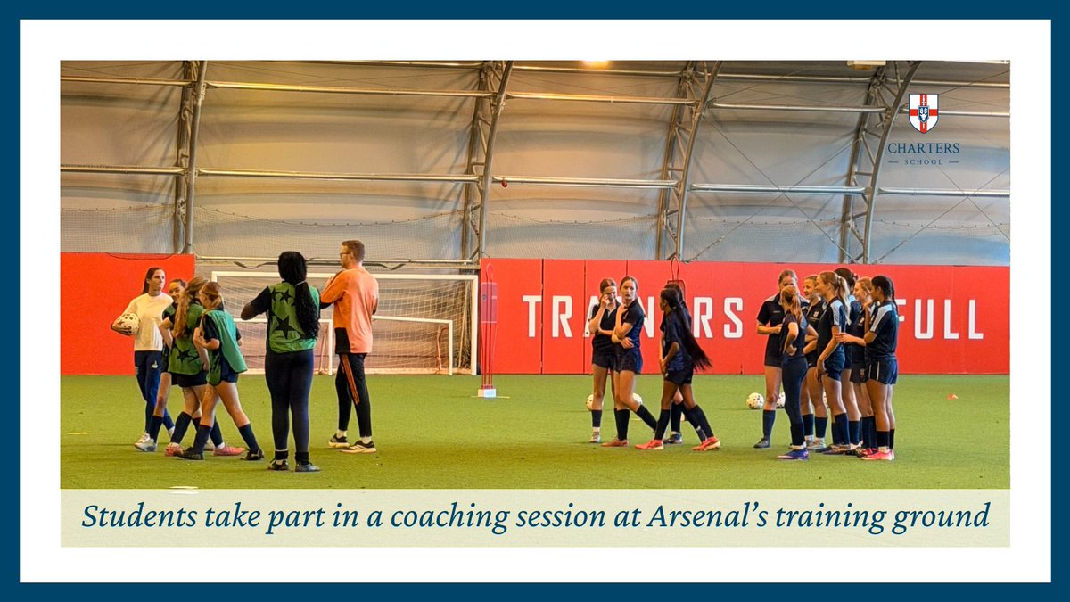 ChartersSchool's tweet photo. An unforgettable day for our female football students at the Arsenal Training Ground! ⚽️ From meeting World Cup winner Laia Codina, to an elite coaching session with Sports Analyst Josh, this is what #Enrichment looks like. So proud of our staff &amp; players!🔴 #ChartersSchool #AWFC https://t.co/Q6rZx4xlv6