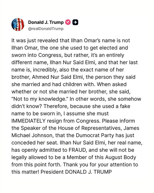 SaltyGoat17's tweet photo. If she used a fake name to be sworn into Congress, it never happened!!

Her legal name is actually Ilhan Nur Said Elmi which is the name of her brother/husband Ahmed Nur Said Elmi

So we've had to listen to this EVIL BlTCH going by Ilhan Omar for years and it turns out she wasn't even legally in Congress?