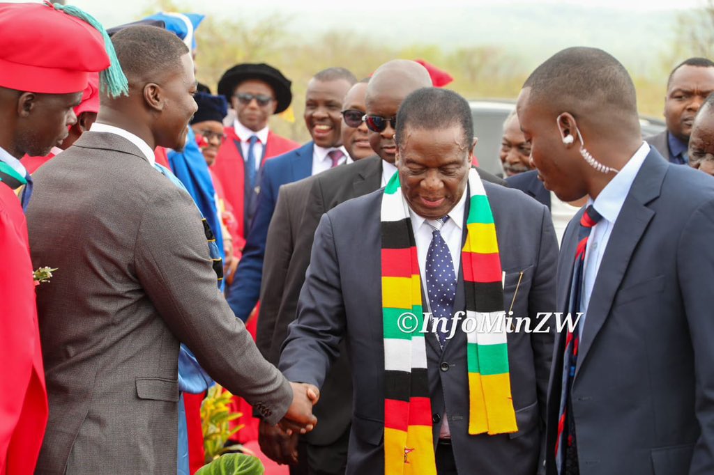 Samwacho's tweet photo. PRESIDENT MNANGAGWA ARRIVES AT GZU FOR 20TH GRADUATION CEREMONY

President Mnangagwa has arrived at the Great Zimbabwe University (GZU) main campus where he is presiding over the institution's 20th graduation ceremony.

The President, who is also the GZU Chancellor, will confer degrees and certificates to 3,496 graduands.