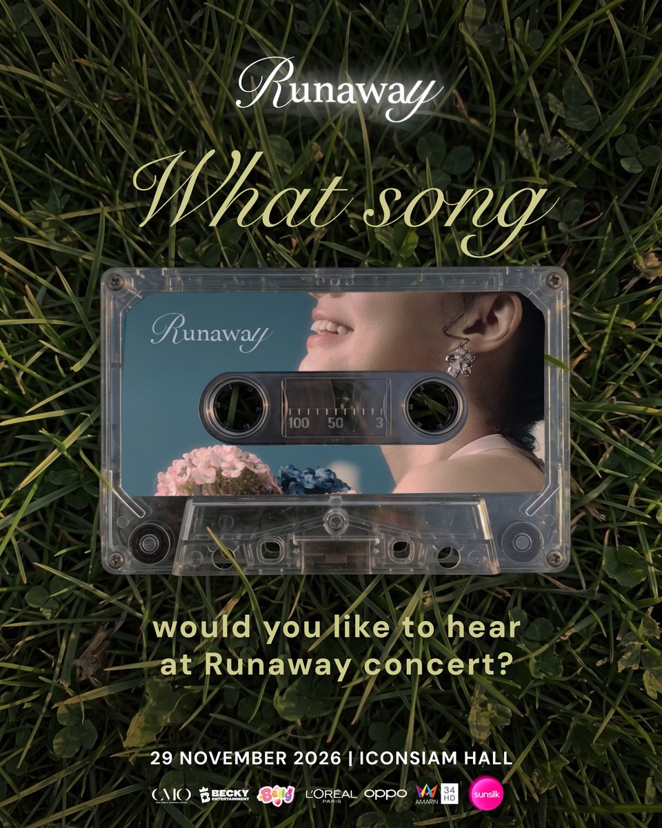 beckyentofc's tweet photo. 🎶 What song would you like to hear at Runaway? 👀✨

มีเพลงไหนที่อยากฟัง Becky ร้องสด ๆ ด้วยกันบ้าง? 🤍

Tell us your most wanted song in the comments! We’d love to know what’s on your playlist. 💌

Runaway Becky Concert 2026 29 November 2026 | ICONSIAM Hall
LIVE STREAMING TICKET — STILL ON SALE 
🎟️ Available via Eventpop

MERCHANDISE — STILL ON SALE https://t.co/3ksHypZMd2 
Line ID : @beckyrunaway

#BeckyConcert2026 #RunawayConcert #BeckysAngels #BeckyEntertainment