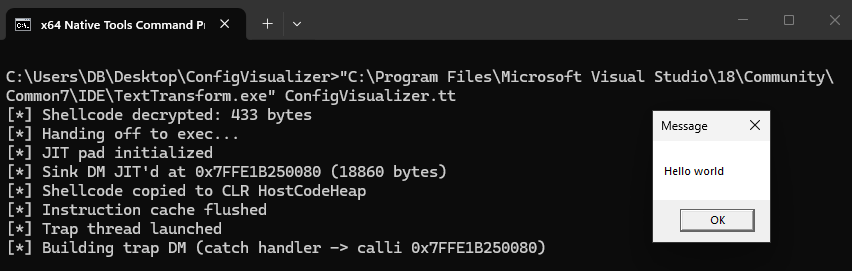 whokilleddb's tweet photo. While looking for MSBuild alternatives, I came across VisualStudio's TextTransform utility which can execute C# code embedded in `.tt` files - something I haven't seen in the wild before, so naturally, I had to make a tool around it to run shellcode ;)

https://t.co/98CD8P8YuR https://t.co/iWI5KtaFZ5