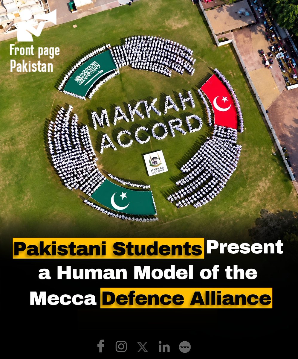 FrontPak9's tweet photo. Pakistani students, have presented a human formation, representing the Mecca De-fence, Alliance, showcasing unity, solid-arity, and collective strength. The initiative highlights, the students’

#PakistaniStudents #Pakistan #MeccaAlliance #muslimunitypk #support https://t.co/p0nQRbYAUF