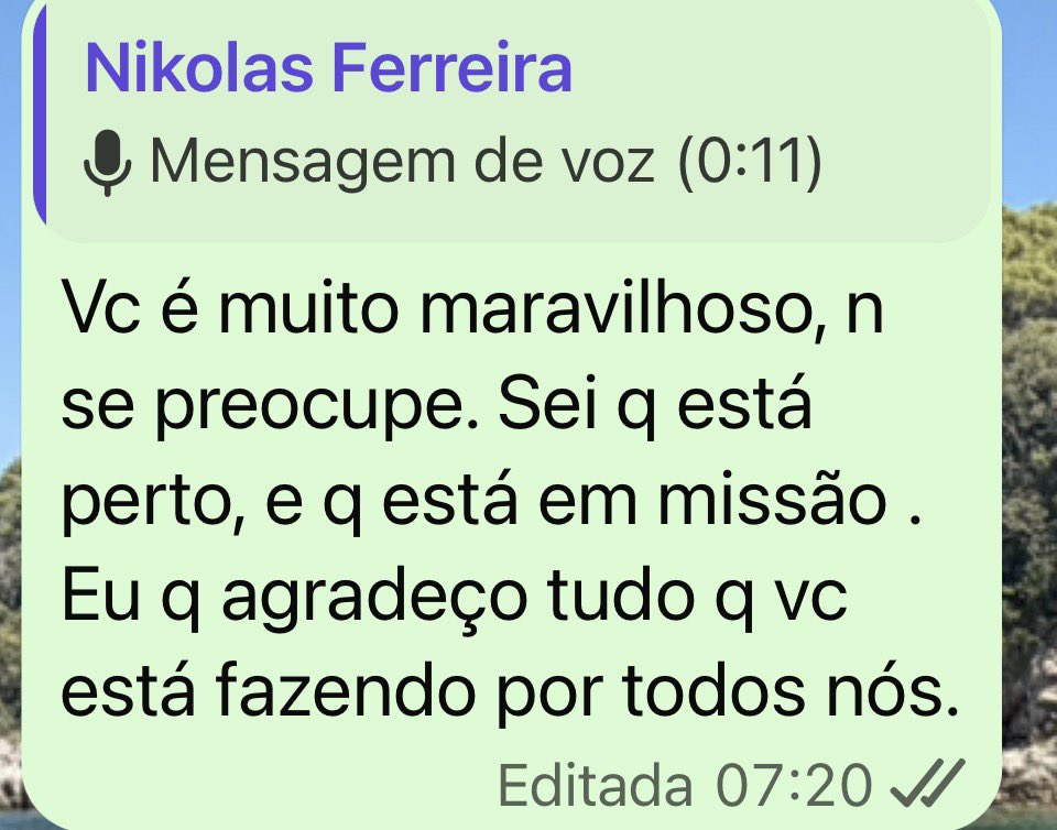 valeriascher's tweet photo. Acordei hoje c essa mensagem de áudio do Nikolas..  que transcrevo aqui 

“Valéria não tô conseguindo te responder aqui porque assim você não tá entendendo tô na correria demais aqui mas enfim.  bem você tá acompanhando aí tudo obrigado tá.”

Vcs estão entendendo pq ele chegou onde está? Pq é um líder nato? Pq as multidões estão c ele? 
Vcs percebem a simplicidade na msg? 
Vou dizer p vcs.. qq um dos nossos hoje que fale mal dele é um perdedor.
Não é hora p ego. Os egos devem ser deixados de lado !
Temos uma eleição p vencer e um país p reconstruir. 
A minha resposta foi um agradecimento.
Só isso. N é difícil!
E aos críticos que fazem posts c indiretas, meu total desprezo. 
@nikolas_dm , o Brasil está com vc.
Vc é um escolhido p uma missão difícil demais só continue. 
💚💛