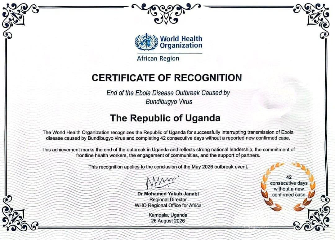GovUganda's tweet photo. 𝐑𝐄𝐌𝐈𝐍𝐃𝐄𝐑

On 26 August 2026, the @WHO declared Uganda Ebola-free and presented the country with a certificate of recognition following the successful end of the outbreak.

Since the declaration, Uganda has reported no further Ebola-related cases, reflecting the importance of sustained public health vigilance, surveillance and preparedness in safeguarding the population.

Uganda remains committed to protecting public health and strengthening measures to prevent, detect and respond promptly to any future health threats.