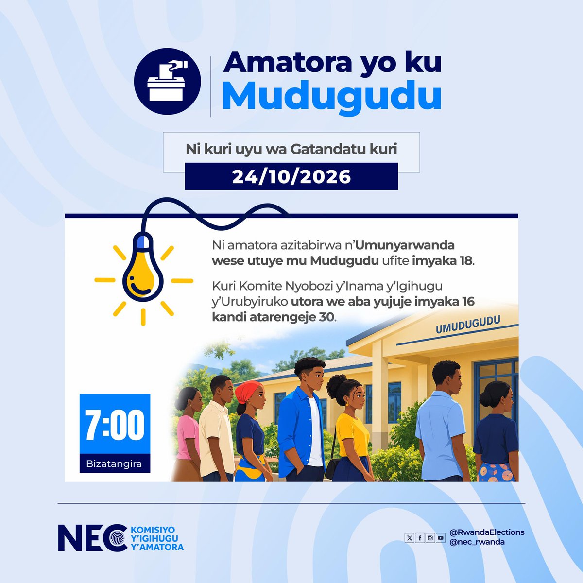 Patycope's tweet photo. Abanze kuva mu rubyiruko ndetse n’Urubyiruko twitabire #Amatora2026 ku rwego rw’umudugudu azaba Ejo , tariki 24/10/2026 , guhera saa moya za mu gitondo https://t.co/Mil0GuOBjy