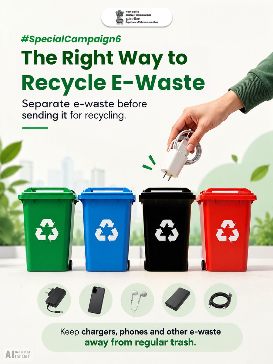 DoT_India's tweet photo. E-WASTE IS NOT ORDINARY WASTE!

Old electronic devices require proper collection and responsible recycling to protect our environment. Let’s make responsible e-waste disposal a habit and contribute towards a cleaner, greener and more sustainable future.

Dispose Responsibly. Recycle Sustainably.

#SpecialCampaign6 #EwasteManagement #Recycling  #SwachhBharat #DoT 

@JM_Scindia @PemmasaniOnX @PIB_India @pib_comm @DDNewslive @DARPG_GoI