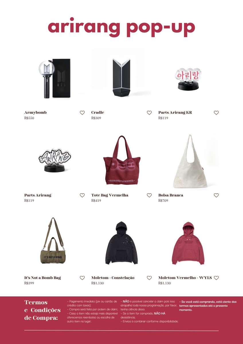 Manukookiex's tweet photo. VENDA/VENDO ITENS POP-UP ARIRANG 

— Valores na fotos (pagamento imediato via pix ou cartão com taxas)
—  Termos e condições de compra no rodapé
— Envio em SP via Uber 

🗓️Estaremos aceitando pedido nos dia 23, 28, 29 e 30

Tenho feedback de venda de ingresso nos fixados https://t.co/yzgui6Fd2n