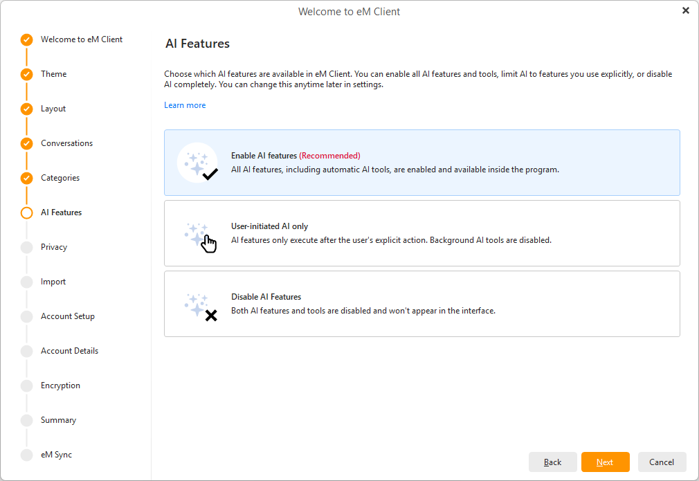 emclient's tweet photo. @tamasbartal Hi Tamas, but AI is opt-in/configurable, right during the initial wizard/start. And even if you accidentally skip this step, you can turn it off completely in Settings > Artificial Intelligence. Privacy is still our top priority, nothing is sent to OpenAI without your knowledge. https://t.co/9Q0cpCdHAv