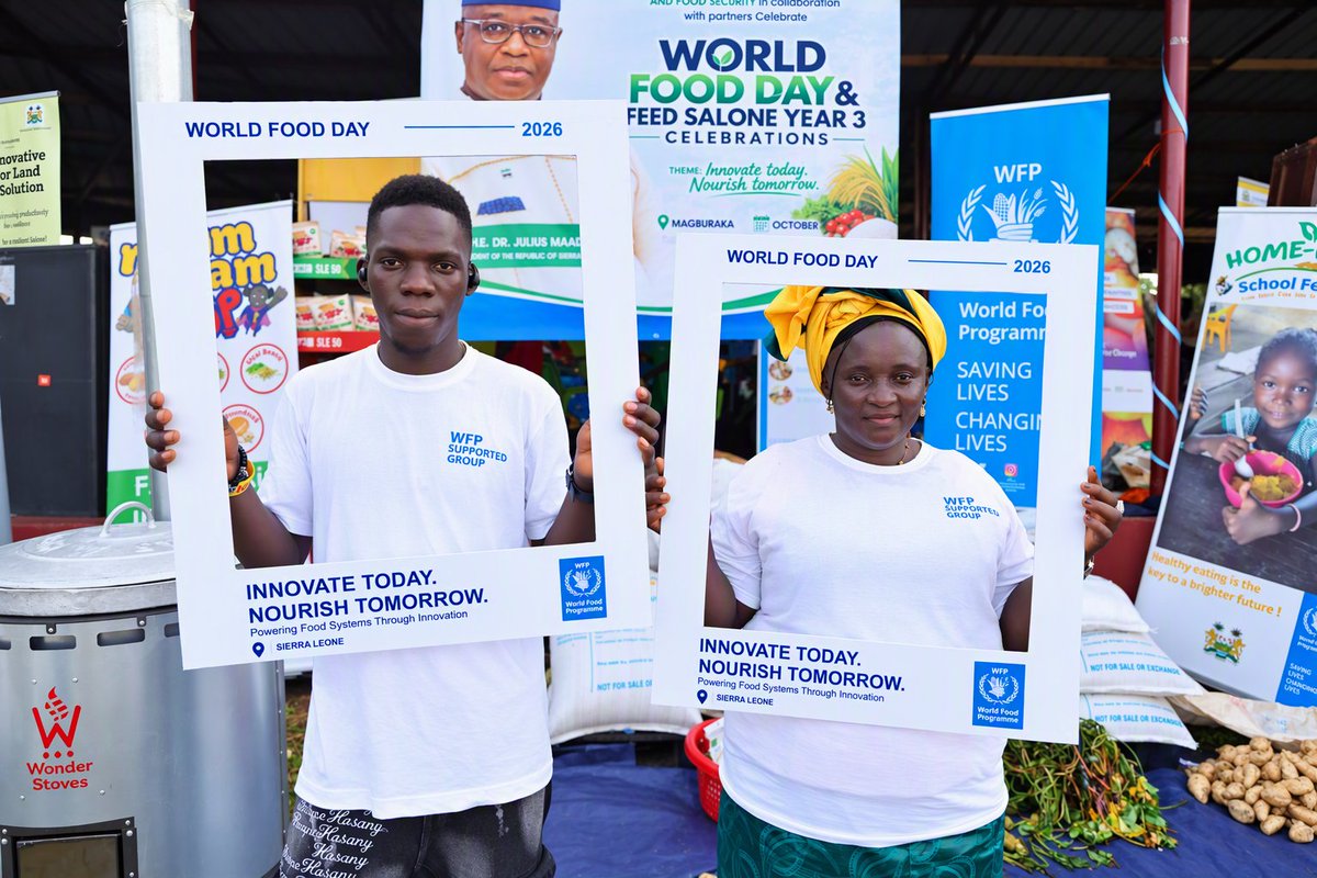 WFPS_Leone's tweet photo. WFP joined the Government of Sierra Leone & @FAOSierraLeone at the 2026 World Food Day in Magburaka! Together, we are committed to building resilient food systems through innovation and ensuring sustainable, nutritious food for all. No one should be left behind. #WorldFoodDay https://t.co/BpAPIpiXAG
