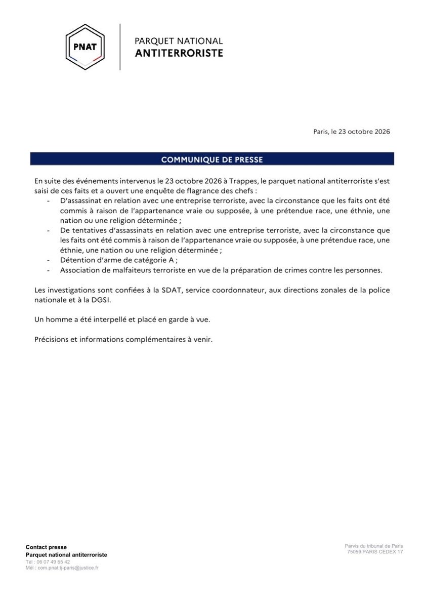 LeDirectInfo's tweet photo. 🔴🇫🇷 URGENCE l Une enquête pour ASSASSINAT et TENTATIVES D’ASSASSINAT à CARACTÈRE RACISTE est ouverte après l’attaque survenue dans les Yvelines.

L’auteur de l’attaque dans les Yvelines "visait des gens de couleur", selon le maire de La Verrière. Le suspect, qui se prénommerait Kevin, serait âgé de 39 ans.