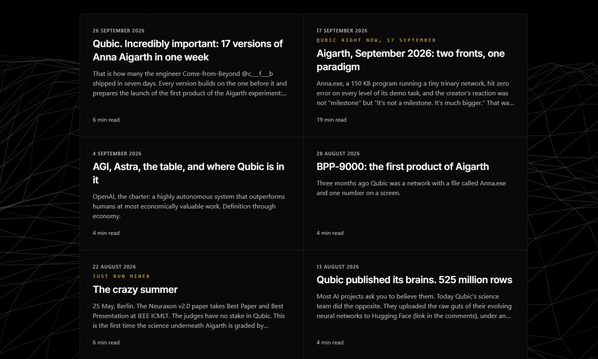 QubicChurch's tweet photo. The new site is live!

Everything we know about Qubic, Aigarth and Come-from-Beyond, in one place. 

Checked in code, sourced with dates.

Two free books. 
An open research log. 
Articles. 
A mining guide. 
Maria. 
The Annas. 
The Atrium.
W4W.

#Qubic https://t.co/e1x9U0muQn