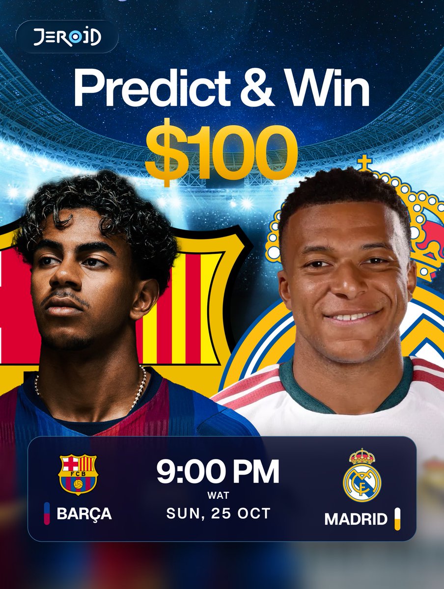jeroidng's tweet photo. Predict the El Clásico score. Free Jeroid giveaway: win a share of $100.

Madrid vs Barça, Sunday 9PM WAT.

No purchase needed. To enter:
• Follow @jeroidco on Instagram.
• Comment your score on our Predict &amp; Win post.
• Tag 2 friends

Nigeria only, 18+.
