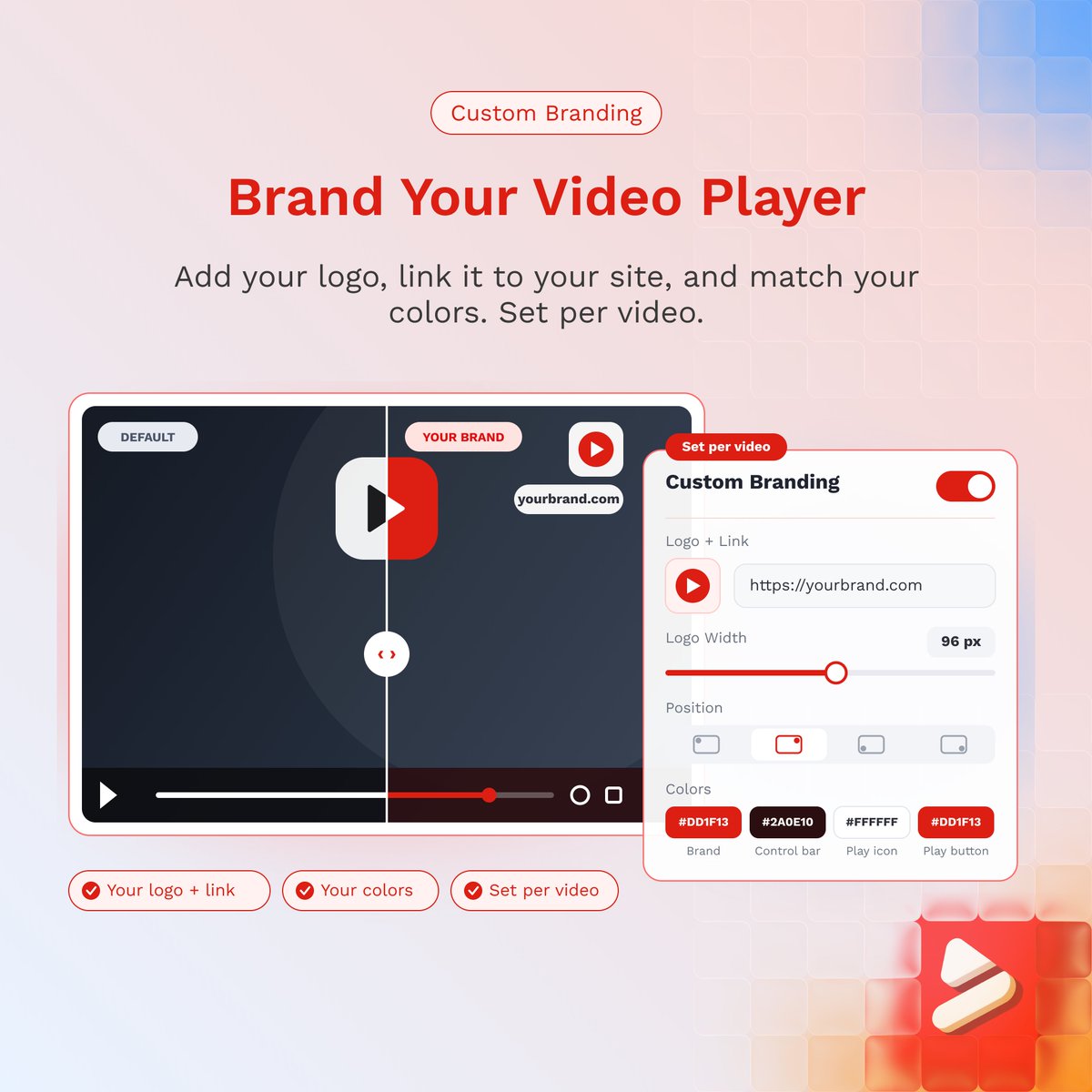 FluentPlayer's tweet photo. Your video player should look like your brand. With FluentPlayer, you can add your logo, link it to your site and match your colors, then set it up differently for each video. Visitors see your brand from the first play. https://t.co/1hJfLedGnn