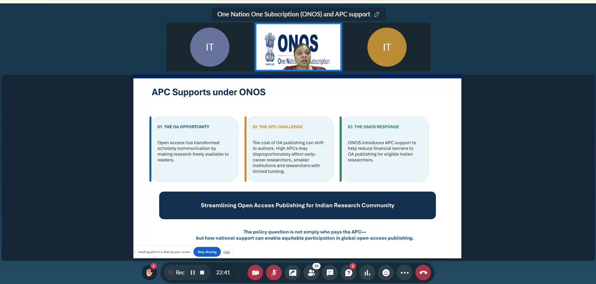 INFLIBNET's tweet photo. ONOS Webinar @ INFLIBNET for member institutions

ONOS webinar was organised on October 23, 2026, on "One Nation One Subscription (ONOS) & APC Support" for faculty members, students, and researchers. The programme witnessed a positive response fromthe participants.

INFLIBNET continues to conduct webinars to support the academic and research community in maximizing access to e-resources. Researchers, faculty members, students, and library professionals are warmly invited to participate in upcoming sessions:
https://t.co/ziXk5yKsfC

#ONOS #OneNationOneSubscription #INFLIBNET #HigherEducation #ScholarlyCommunication #Research #AwarenessProgramme #onosoutreach