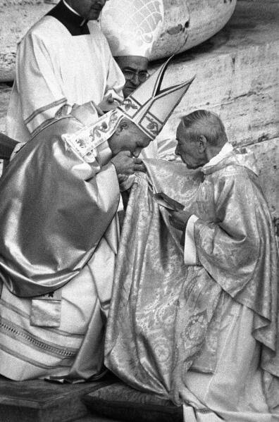 FrUgochukwu's tweet photo. On October 22, 1978, during the inaugural Mass of Pope John Paul II in St. Peter's Square, a historic and deeply emotional exchange took place between the newly elected Polish pontiff and his mentor, Cardinal Stefan Wyszyński, the Primate of Poland.

As the College of Cardinals processed forward to pledge obedience and kiss the papal ring, Cardinal Wyszyński who had been a mentor and close ally to Karol Wojtyła for years approached the altar. When Wyszyński moved to kneel, John Paul II immediately stood up, prevented him from kneeling, raised him to his feet, and embraced him.

Cardinal Wyszyński insisted on showing traditional reverence, and the Pope held him tightly, kissing his face, head, and hands in a powerful sign of gratitude and respect.

On October 23, 1978, the day after the ceremony, Pope John Paul II publicly acknowledged the cardinal's immense sacrifice and leadership under communist persecution, stating: "This Polish pope... would not be on Peter's Chair were it not for your faith, which did not retreat before prison and suffering."

Both Churchmen were instrumental to the collapse of communism in Poland.