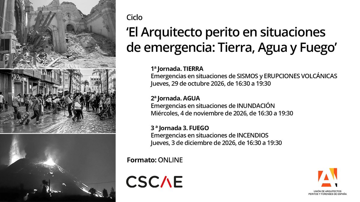 CSCAE's tweet photo. Formación especializada UAPFE/CSCAE 'El arquitecto perito en situaciones de emergencia: Tierra, Agua, Fuego' 

Primera jornada: TIERRA.

🗓️ 29 de octubre
⏰ 16:30 
🔗 Online

Más información e inscripciones: https://t.co/etI7QZo5OP https://t.co/mBlMS5P5LL