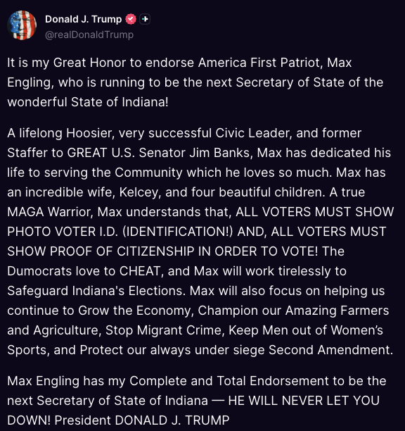 tonykatz's tweet photo. Trump Endorses @MaxForIndiana in Indiana. @indgop https://t.co/u8CnHDJKTq