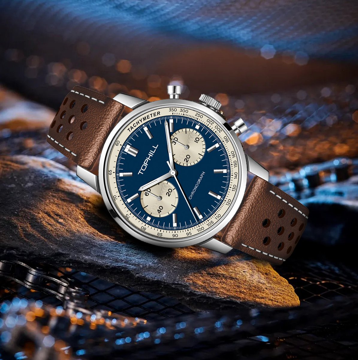 Kimyang1984's tweet photo. TOPHILL TL027G Retro Racing Chronograph Watch
Blue dial with cream panda-style layout | Classic tachymeter bezel
Perforated leather racing strap with an inherent racing vibe
Two-register chronograph function, full of retro sporty style https://t.co/oN62LZ36tp