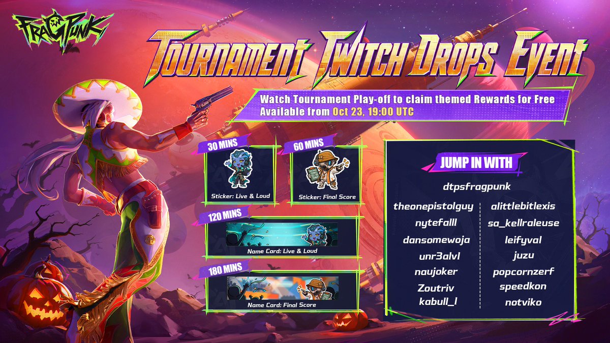PlayFragPunk's tweet photo. Big plays. Free drops. Tune in, Lancers. 🏆🎁

The DTPS playoffs are heating up with a $2,000 prize pool on the line. Catch the action on certain Twitch channels and earn free stickers and name cards while you watch.

Drops go live October 23 at 19:00 UTC. Catch the action and claim your rewards!