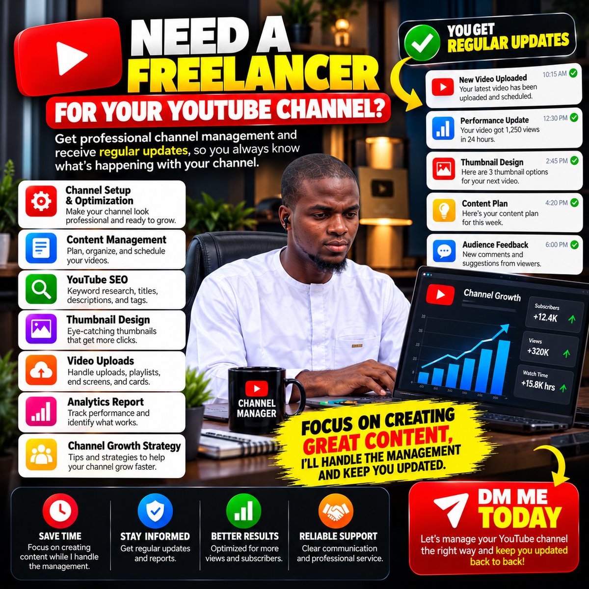 SmartMoneySegun's tweet photo. ARE YOU A YOUTUBER WHO NEEDS SOMEONE TO MANAGE YOUR CHANNEL PROFESSIONALLY?

Creating videos takes time. Managing your channel, optimizing uploads, designing thumbnails, researching keywords, and checking analytics can make things even more difficult.

That’s where I can help u https://t.co/9aIr0WO7IS