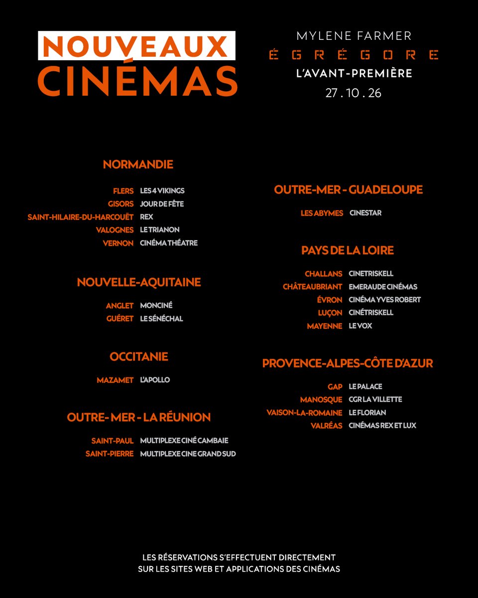 PatheLive_FR's tweet photo. 47 nouveaux cinémas se joignent à la découverte de ÉGRÉGORE.
362 cinémas. Une soirée. Une seule.
Soyez les premiers à découvrir et à vivre ÉGRÉGORE sur grand écran
Exclusivement au cinéma le 27.10.26.
#MylèneFarmer https://t.co/KkgDz9JE6g
